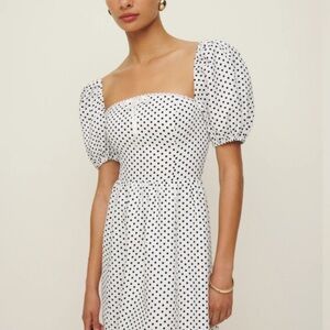 Reformation malvina linen mini dress in polka dot 0 XS white black